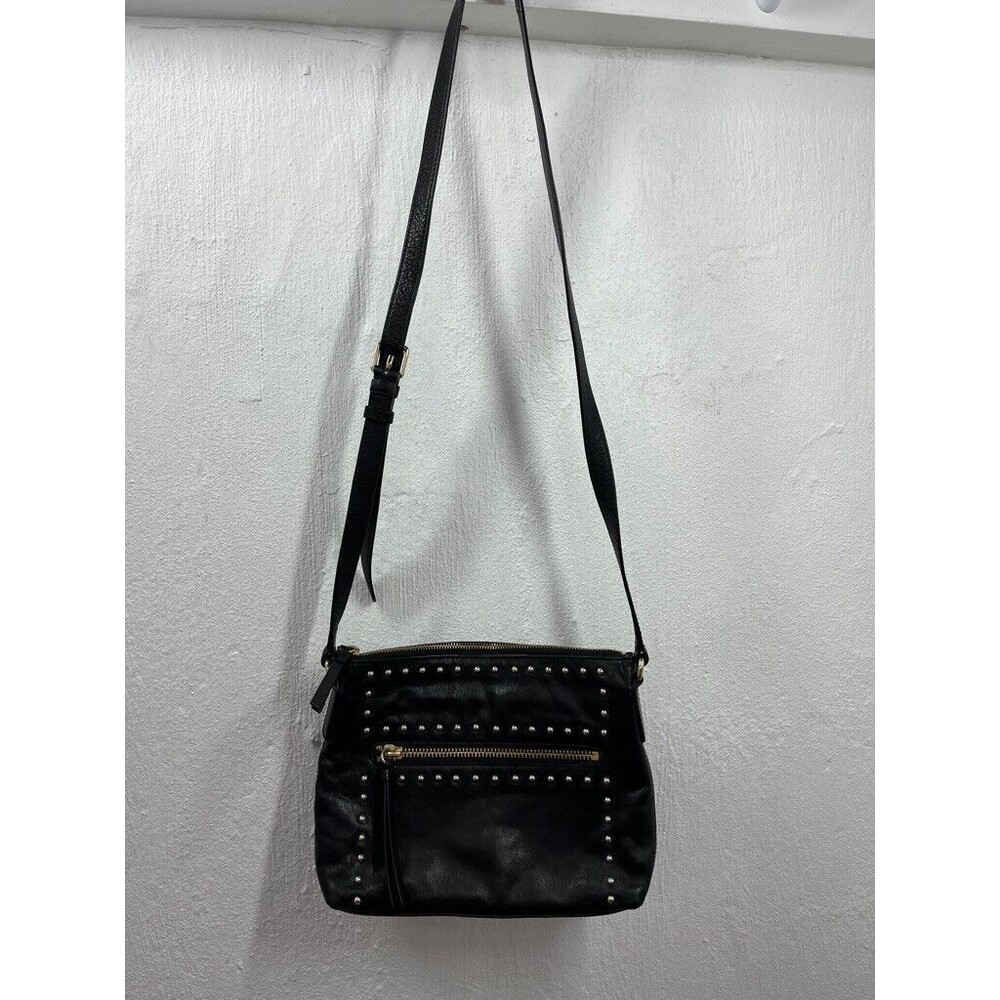 COLE HAAN WOMENS BLACK LEATHER STUDDED CROSSBODY SHOULDER BAG